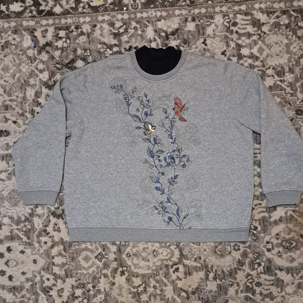 Northern Reflections Gray Sweater with Blue and Red Embroidery. Cottagecore.